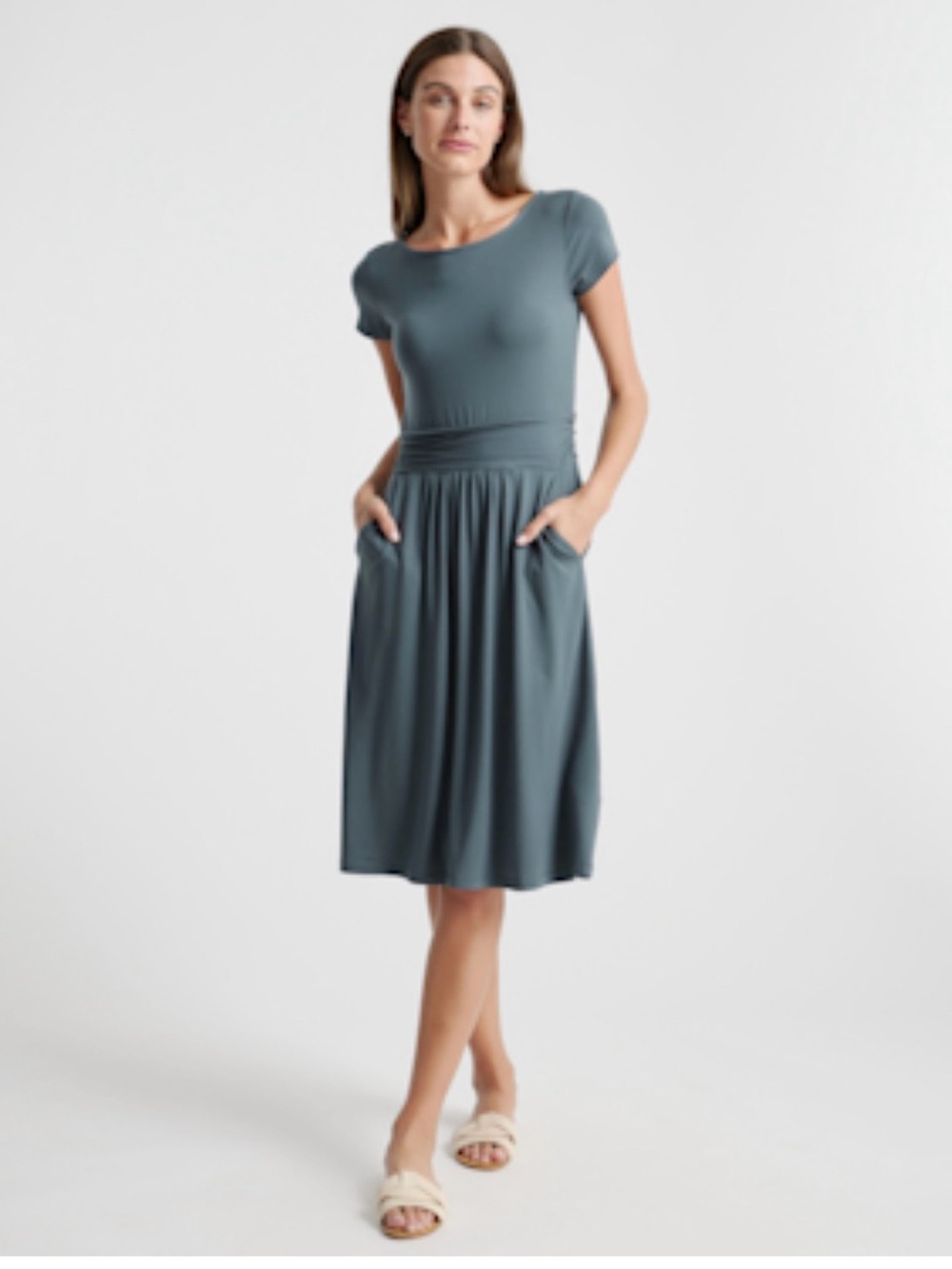 Quince Tencel Ruched Waist Dark Olive Midi Dress